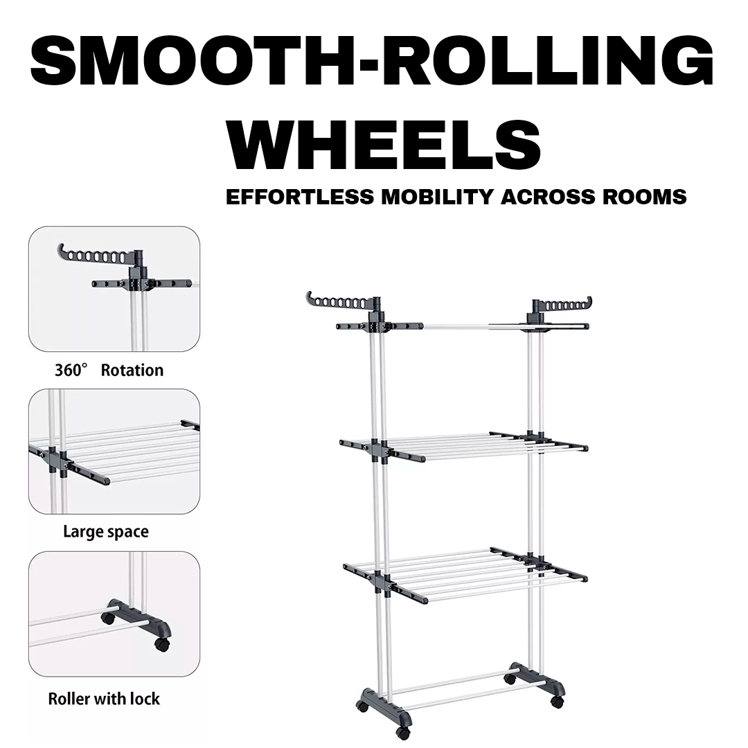 Foldable and Rolling Heavy Duty Clothes Drying Rack
