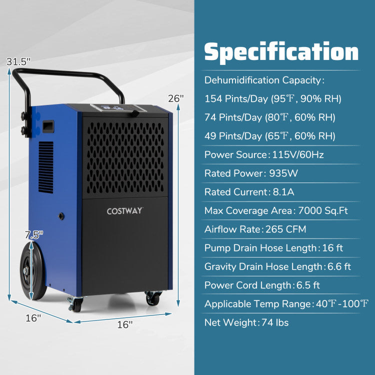 154 Pints Commercial Dehumidifier with Pump and Drain Hoses - Gallery View 4 of 10