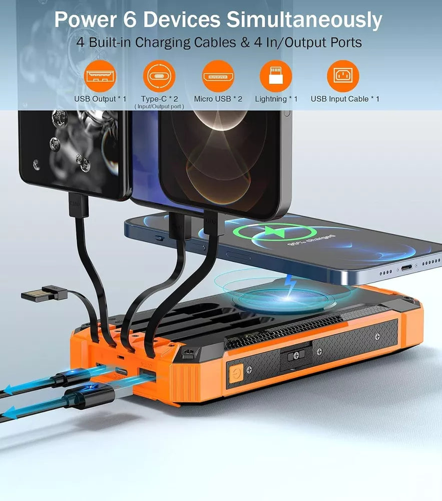 Solar Power Bank Pro 20,000mAh with 4 Built in Cables Qi Wireless Charger Stealth Angel Survival