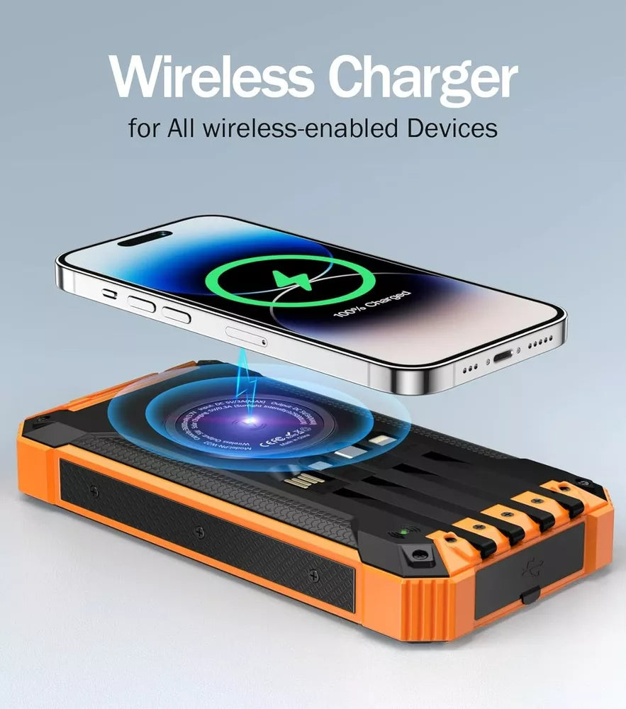 Solar Power Bank Pro 20,000mAh with 4 Built in Cables Qi Wireless Charger Stealth Angel Survival