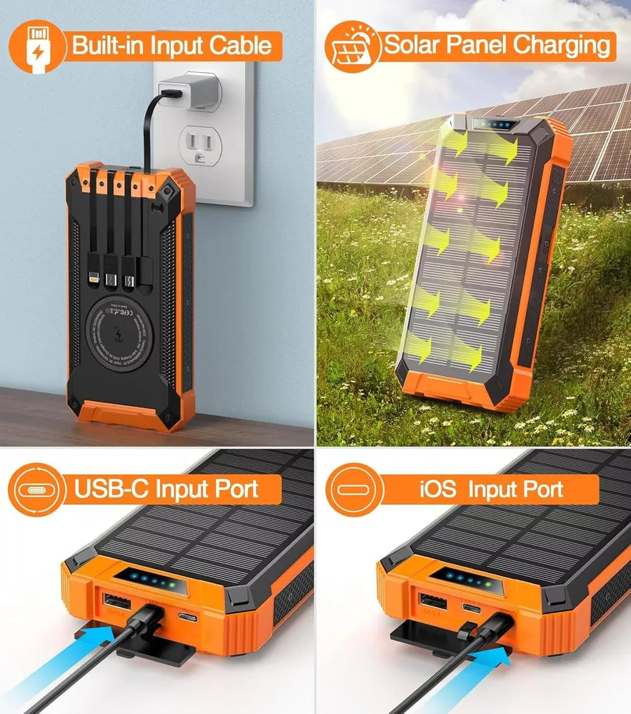 Solar Power Bank Pro 20,000mAh with 4 Built in Cables Qi Wireless Charger Stealth Angel Survival
