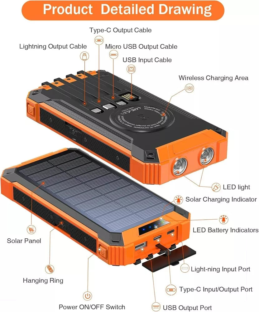 Solar Power Bank Pro 20,000mAh with 4 Built in Cables Qi Wireless Charger Stealth Angel Survival