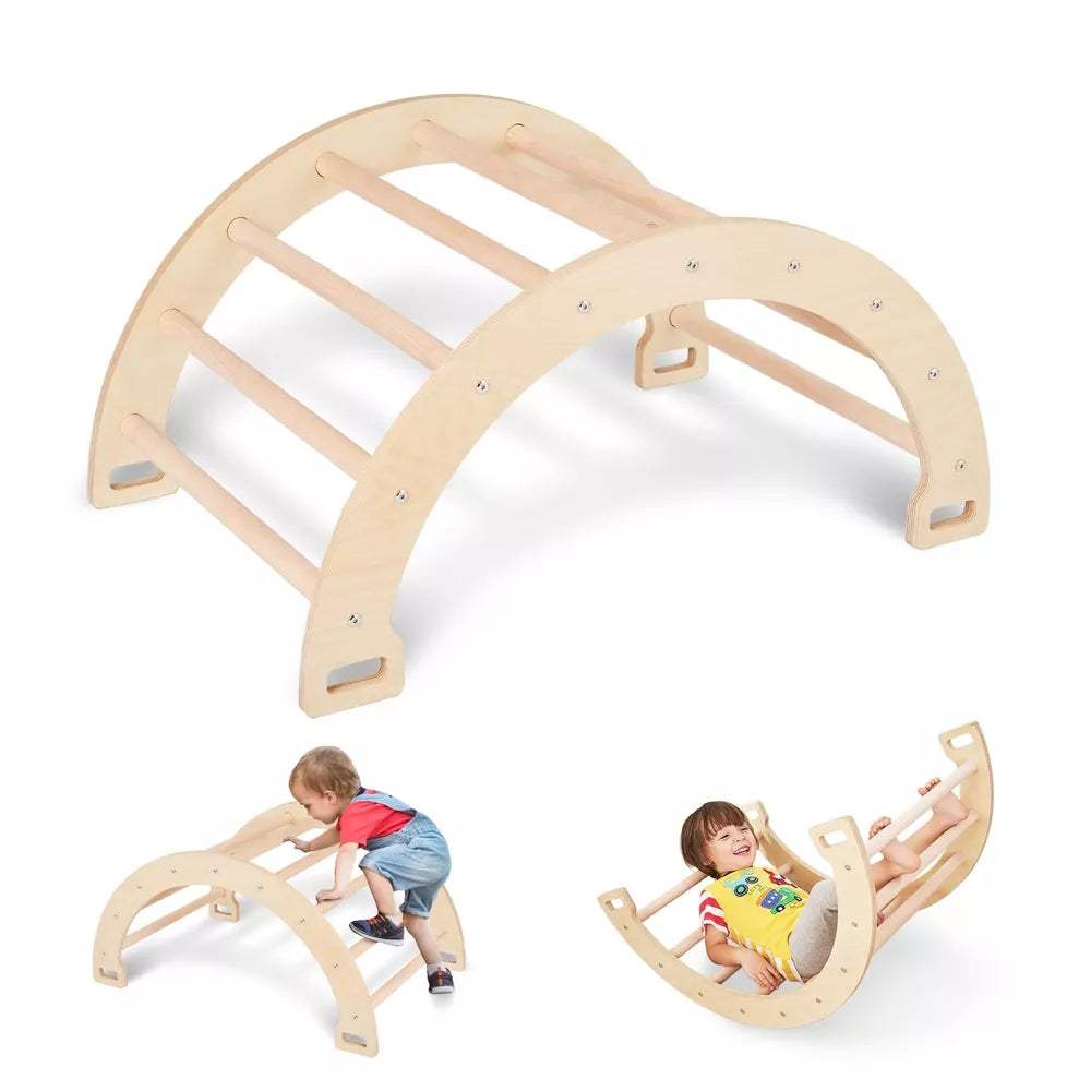 3-in-1 Kids Climber Ladder & Rocker Board with Cushion Pad, Wooden Ladder Arch Climbing Toy for Toddlers