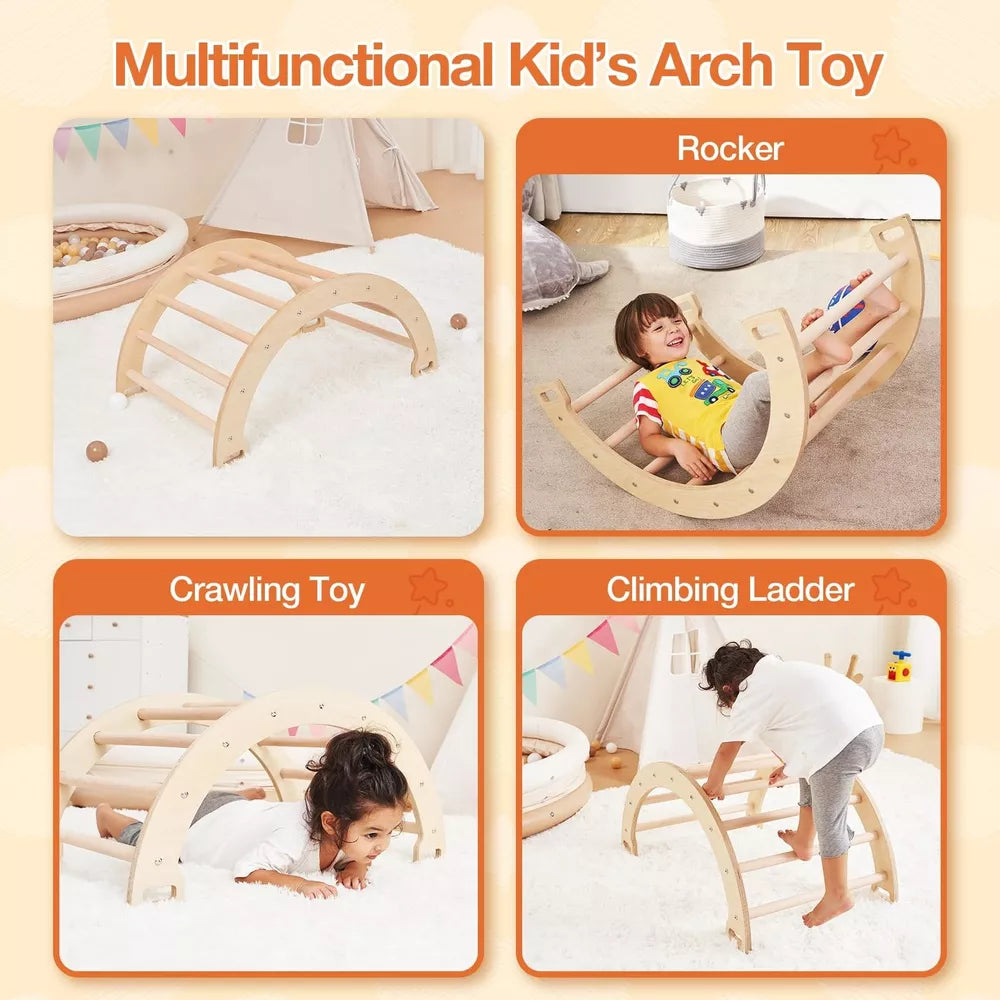 3-in-1 Kids Climber Ladder & Rocker Board with Cushion Pad, Wooden Ladder Arch Climbing Toy for Toddlers