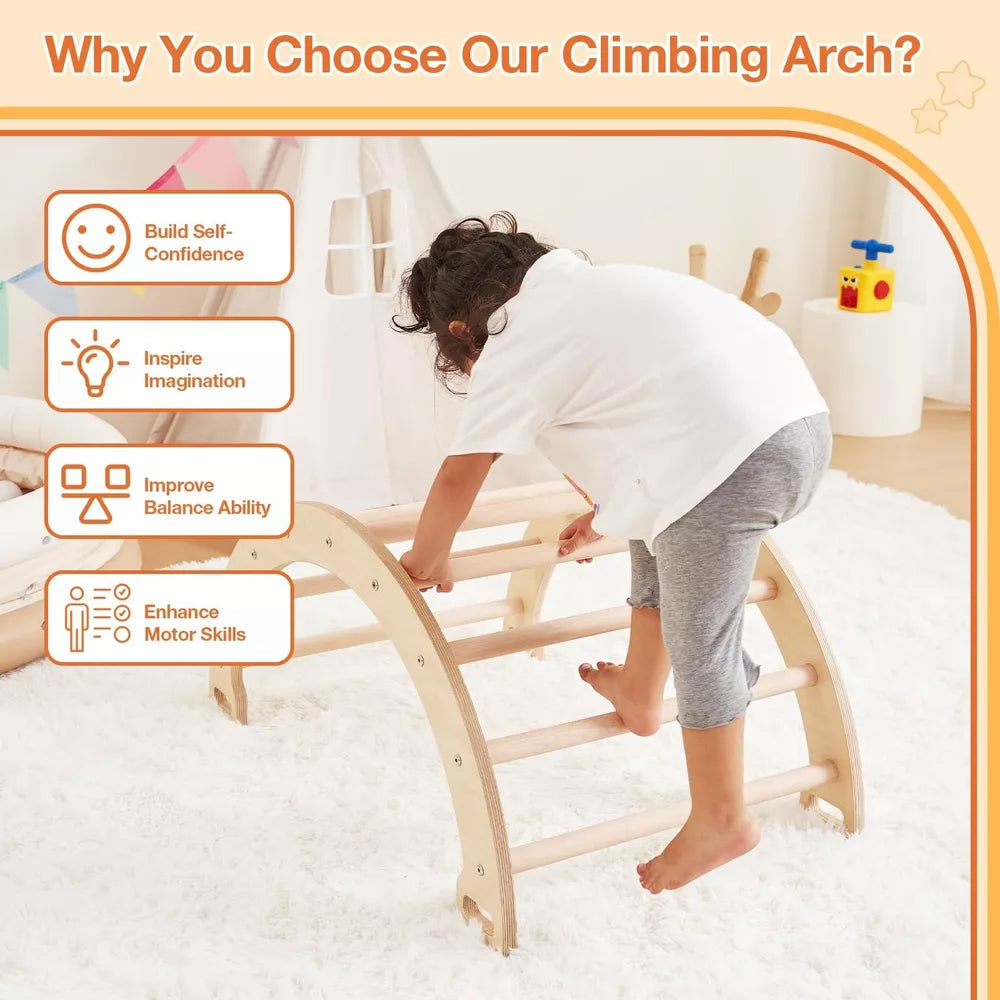3-in-1 Kids Climber Ladder & Rocker Board with Cushion Pad, Wooden Ladder Arch Climbing Toy for Toddlers