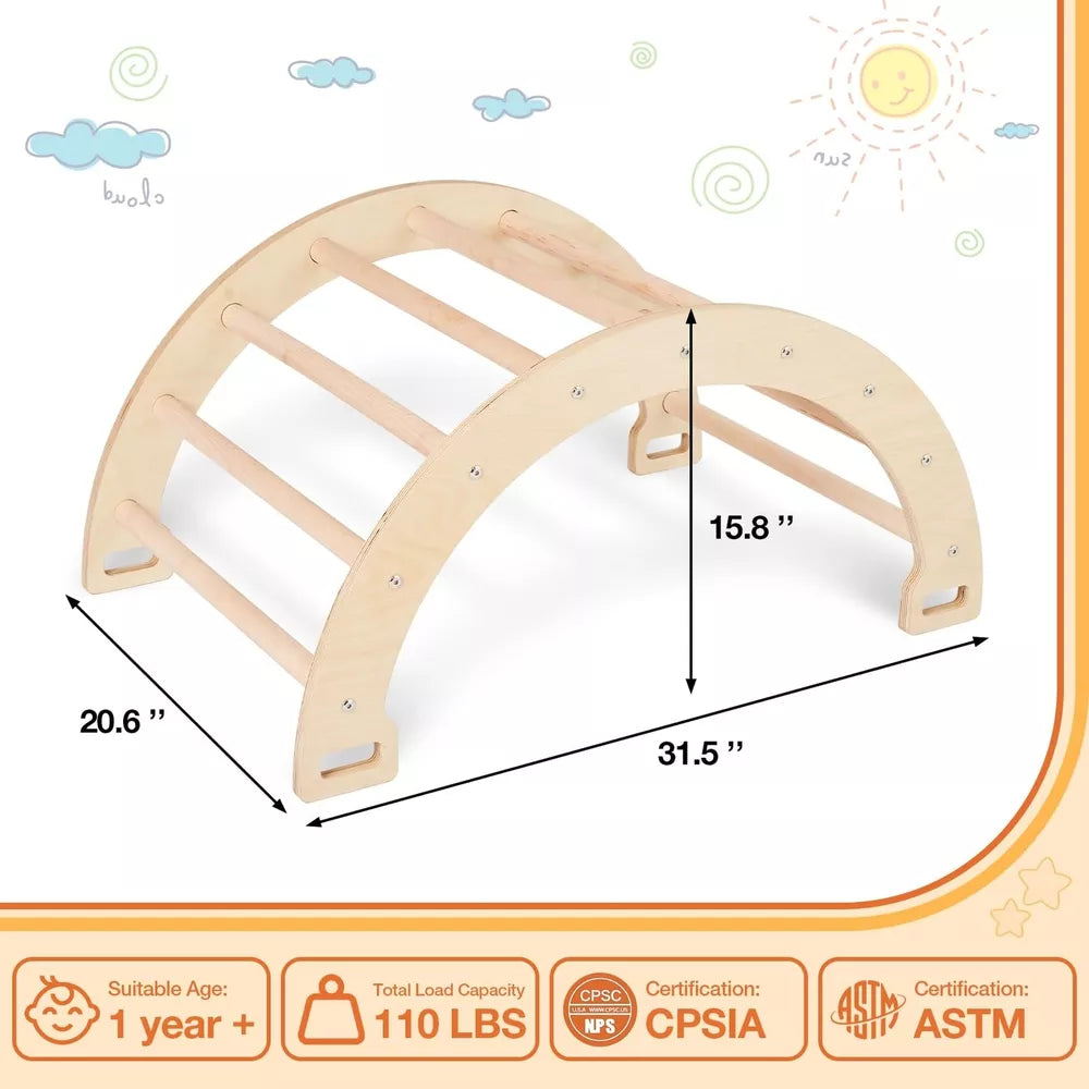 3-in-1 Kids Climber Ladder & Rocker Board with Cushion Pad, Wooden Ladder Arch Climbing Toy for Toddlers