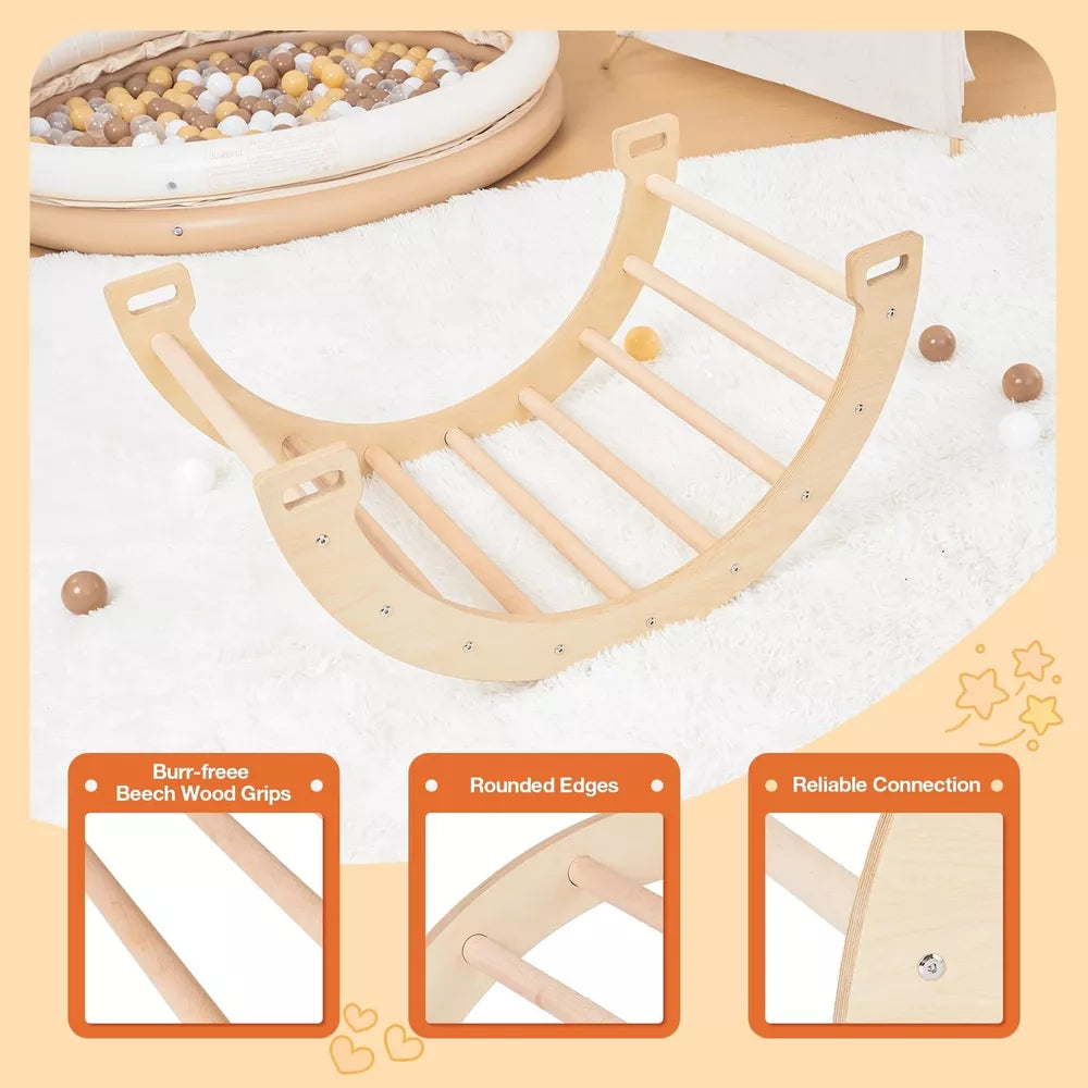 3-in-1 Kids Climber Ladder & Rocker Board with Cushion Pad, Wooden Ladder Arch Climbing Toy for Toddlers