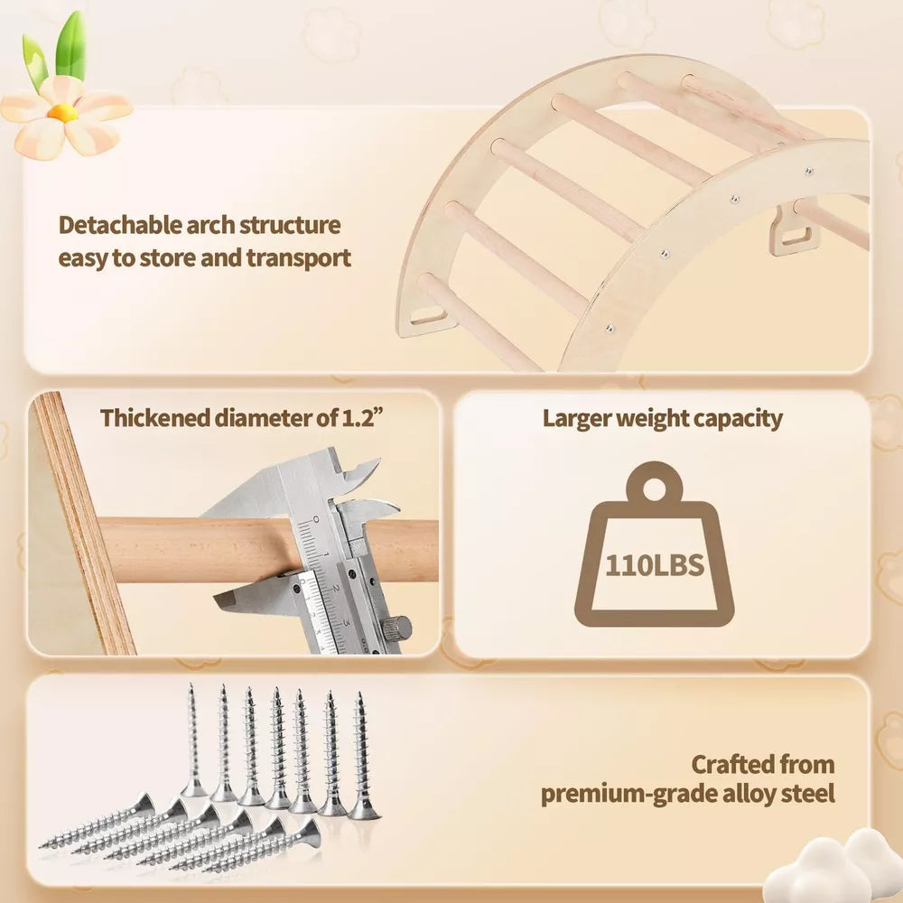 3-in-1 Kids Climber Ladder & Rocker Board with Cushion Pad, Wooden Ladder Arch Climbing Toy for Toddlers