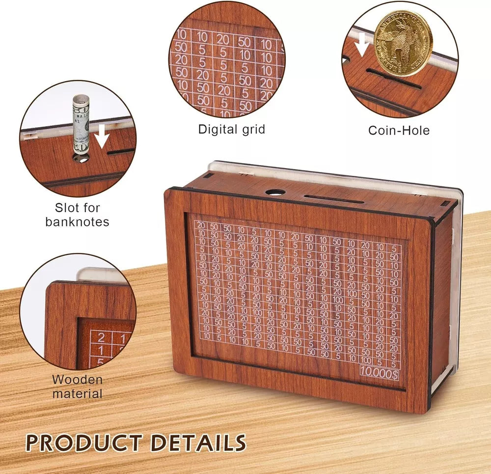 Wooden money box with engraved figures USD-$10000
