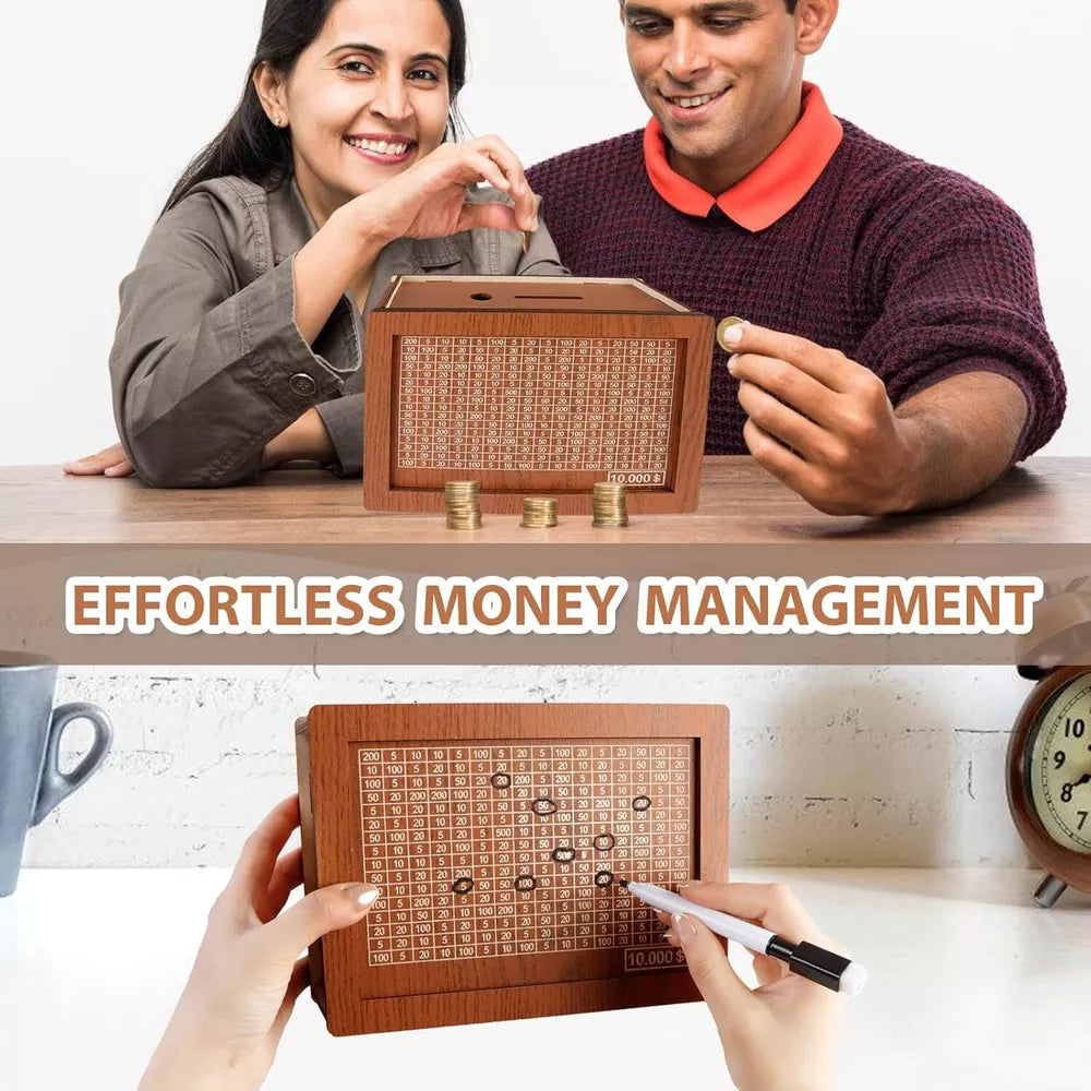 Wooden money box with engraved figures USD-$10000