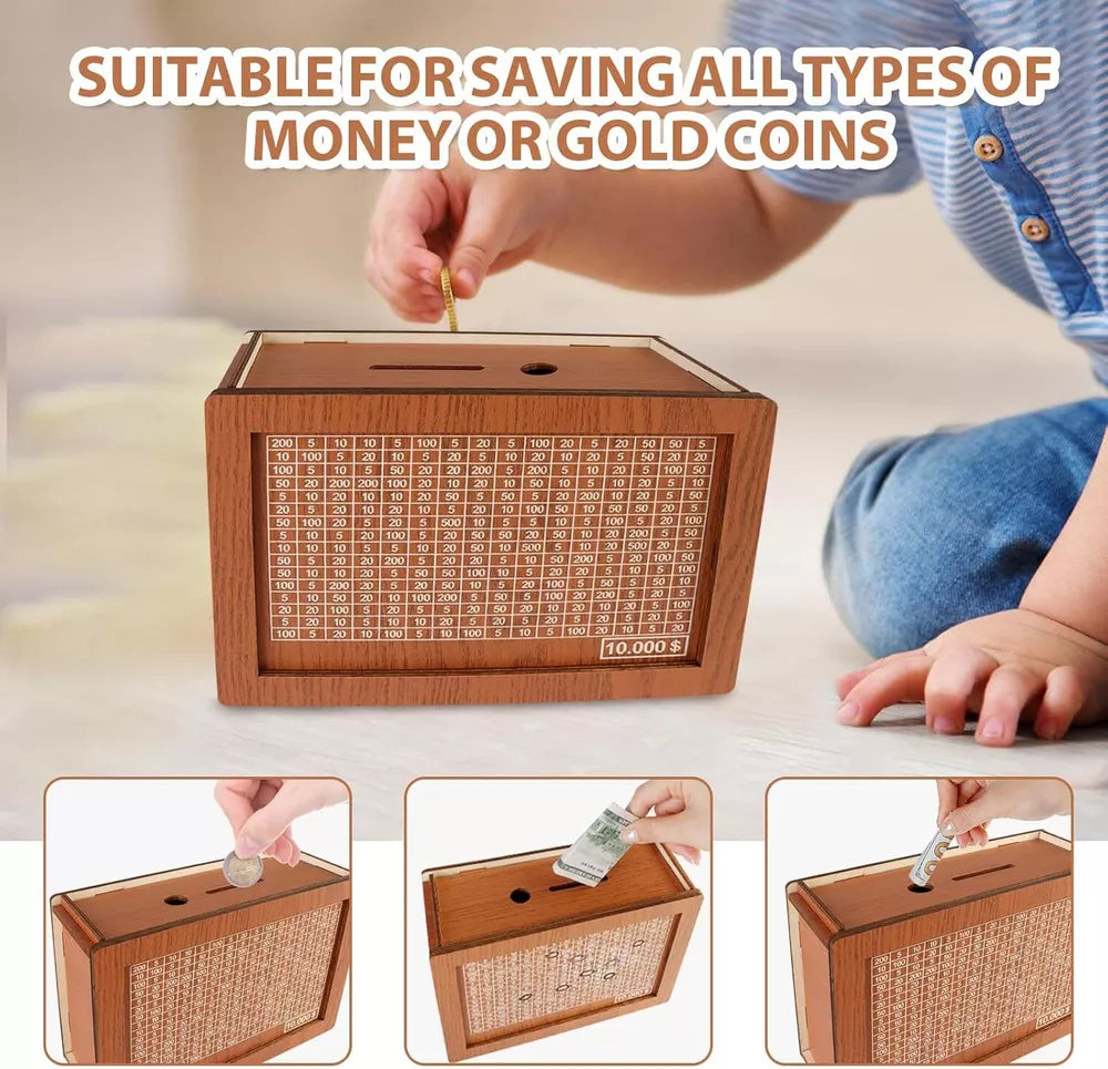 Wooden money box with engraved figures USD-$10000