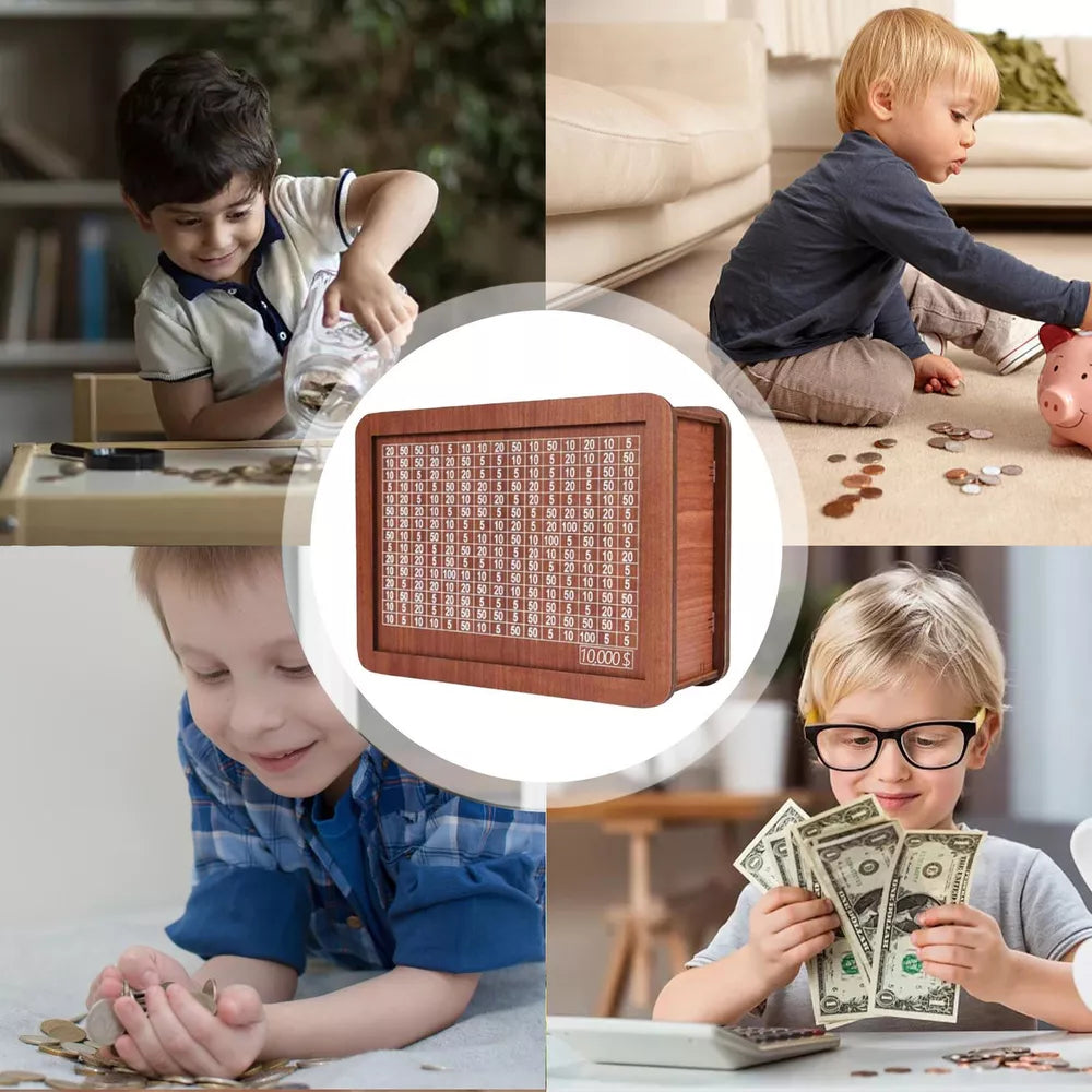 Wooden money box with engraved figures USD-$10000