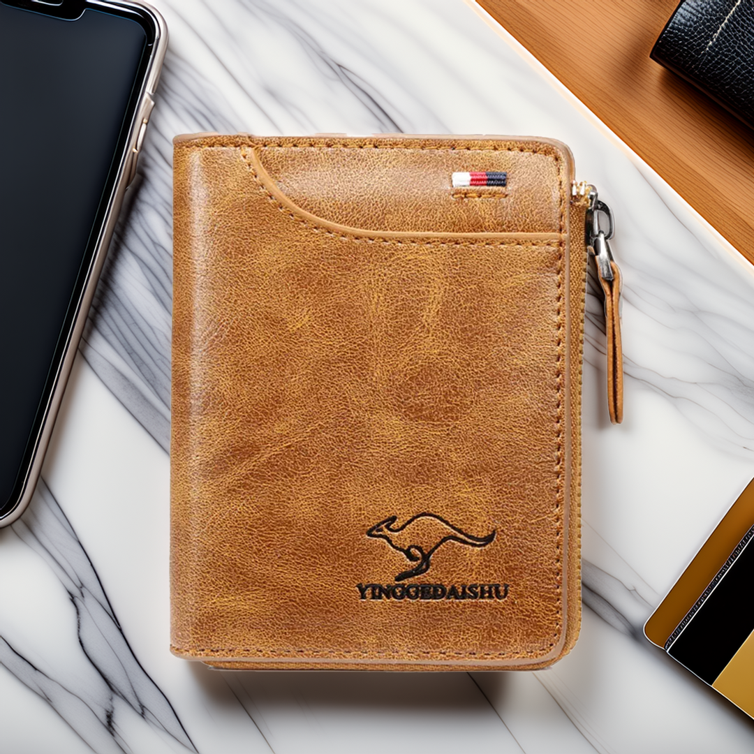 Men’s RFID Blocking Wallet – Zipper Multi-Card Holder (Khaki, Brown, Black)