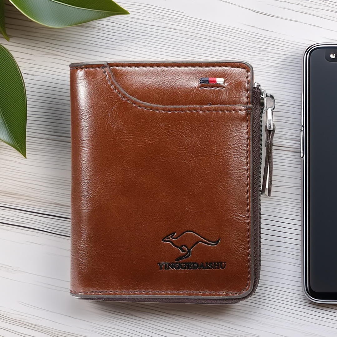 Men’s RFID Blocking Wallet – Zipper Multi-Card Holder (Khaki, Brown, Black)