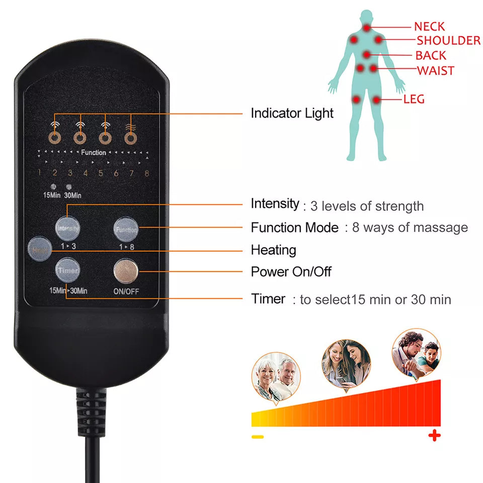 8 Mode Massage Chair Pad With Heated Back Neck Cushion For Car & Home